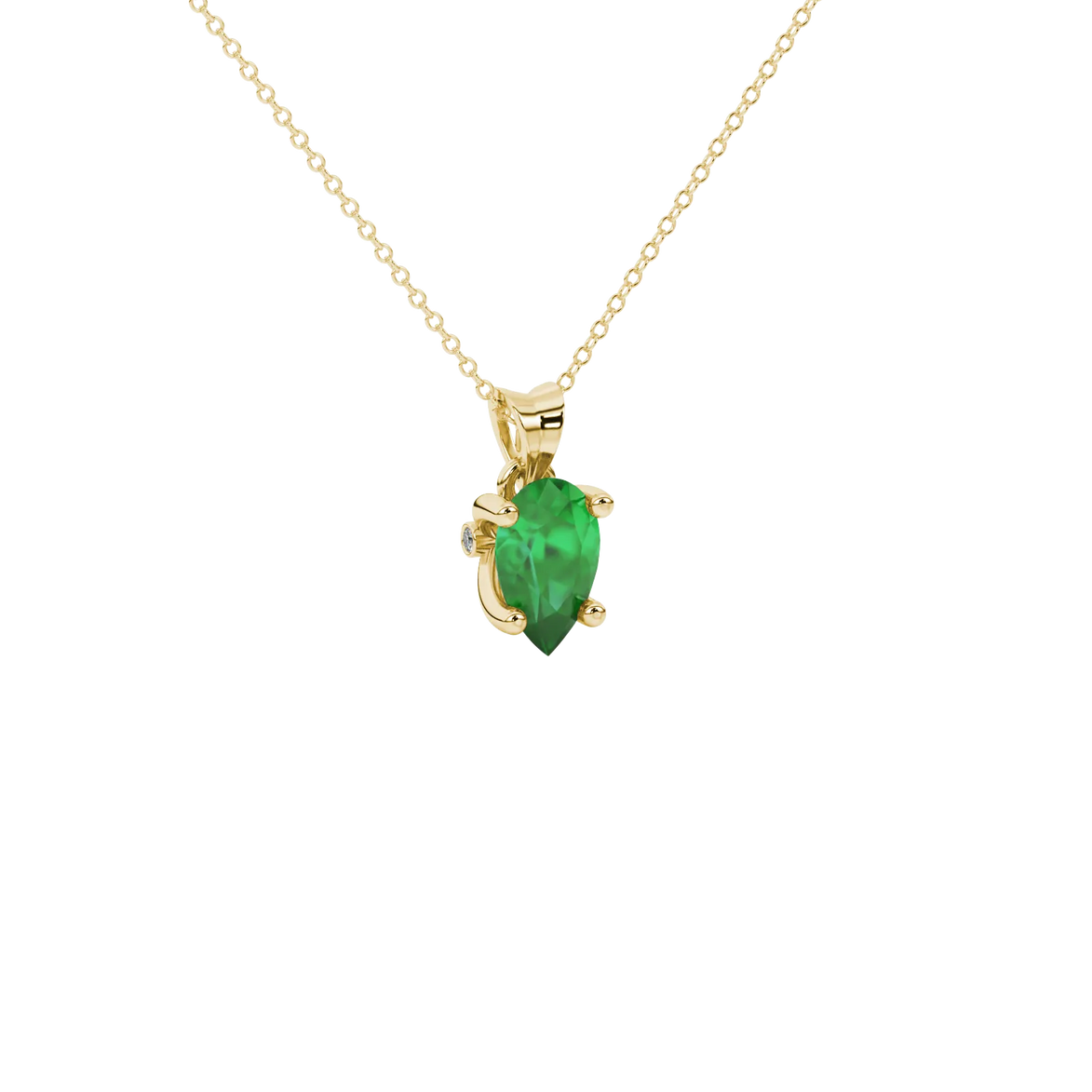 Close-up, pear shape emerald green gemstone, yellow gold surprise diamond pendant.