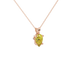 Close-up, pear shape canary yellow gemstone pendant, rose gold surprise diamond setting.
