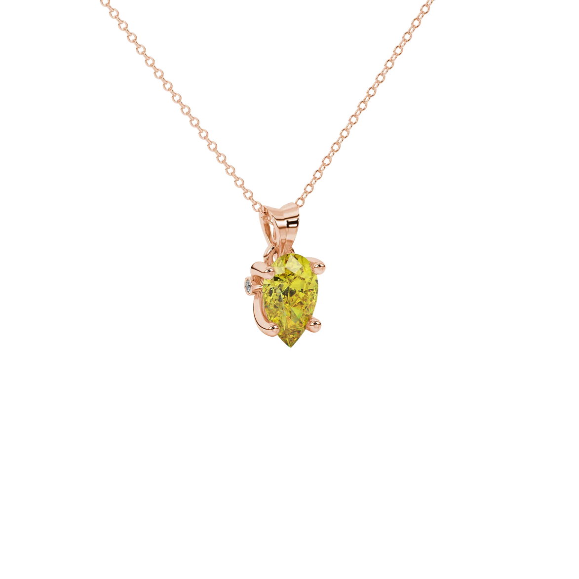 Close-up, pear shape canary yellow gemstone pendant, rose gold surprise diamond setting.