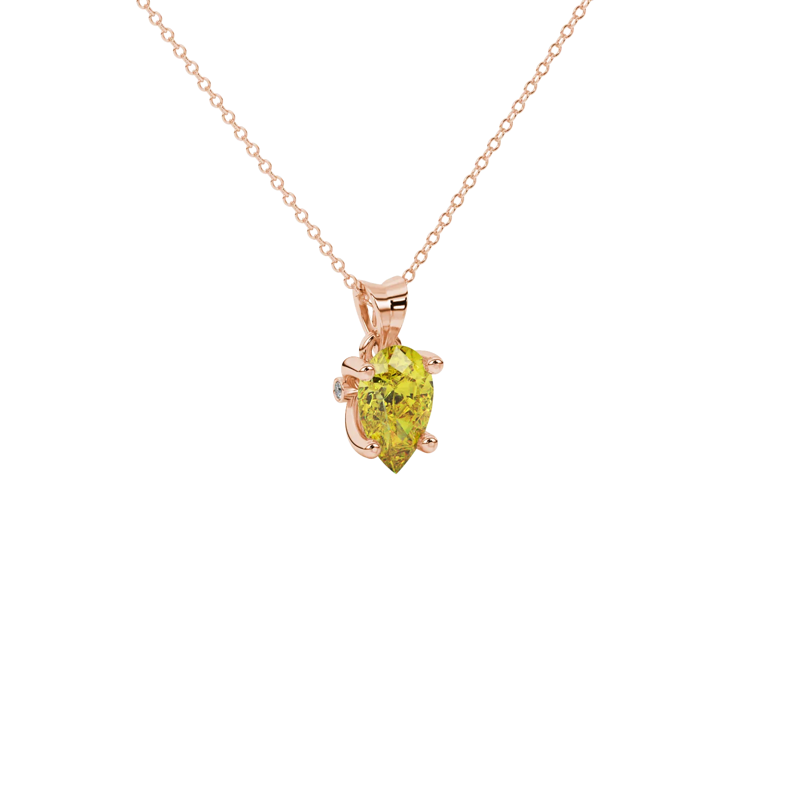 Close-up, pear shape canary yellow gemstone pendant, rose gold surprise diamond setting.