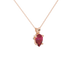 Close-up, pear shape raspberry red gemstone pendant, rose gold surprise diamond setting.