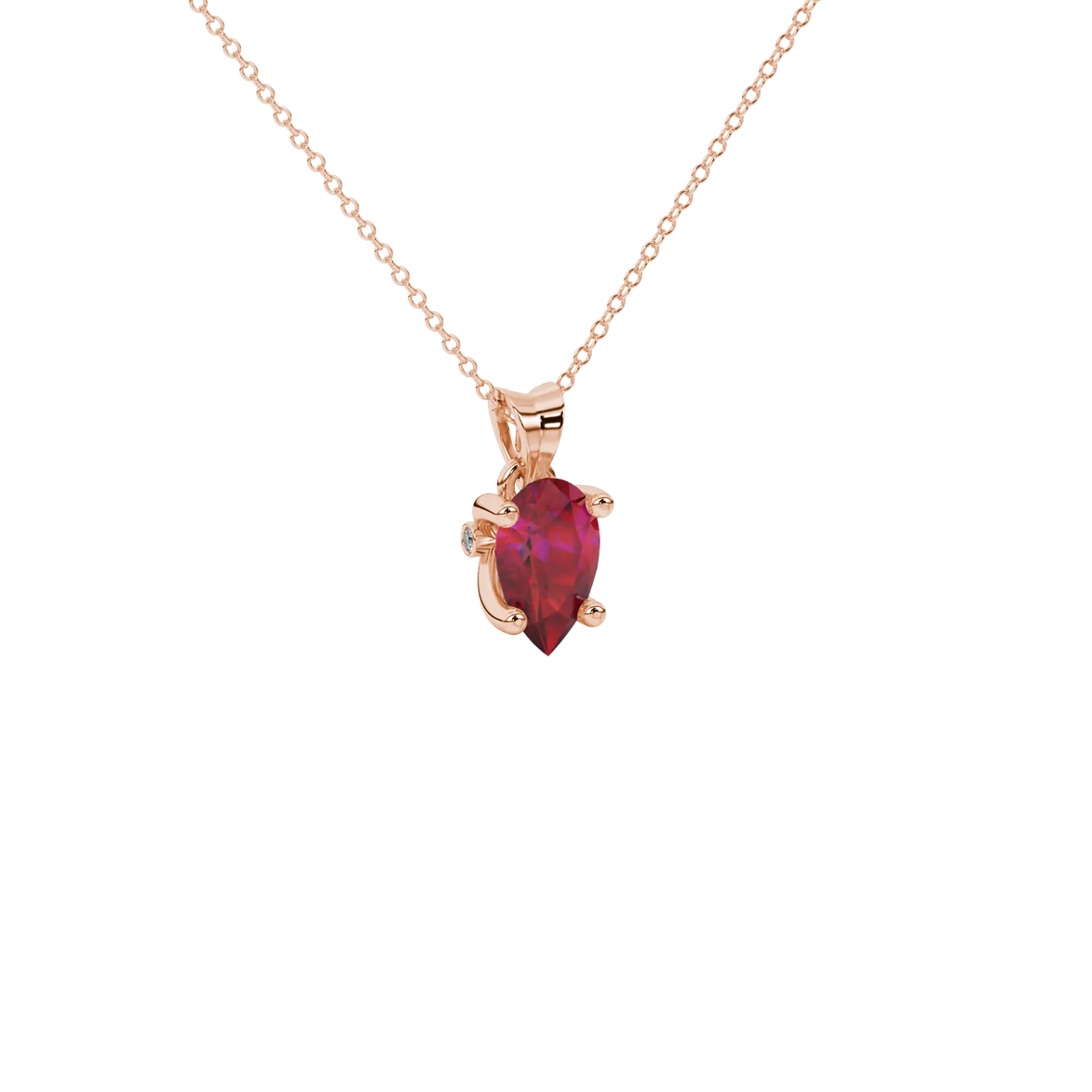 Close-up, pear shape raspberry red gemstone pendant, rose gold surprise diamond setting.