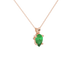 Close-up, pear shape emerald green gemstone pendant, rose gold surprise diamond setting.