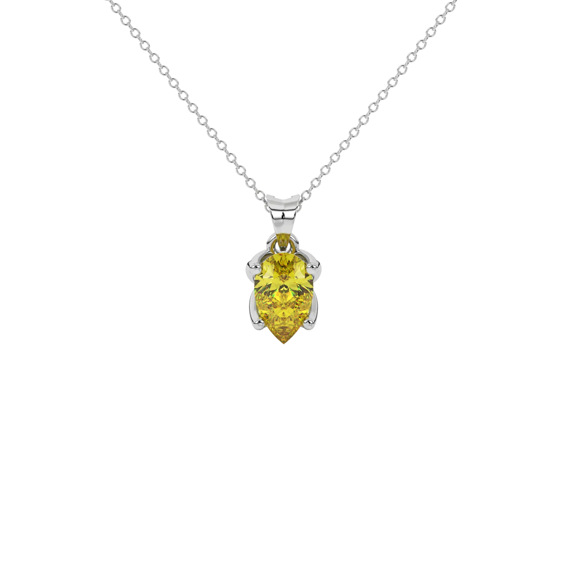 Pear shape canary yellow gemstone pendant, white gold tulip basket setting.