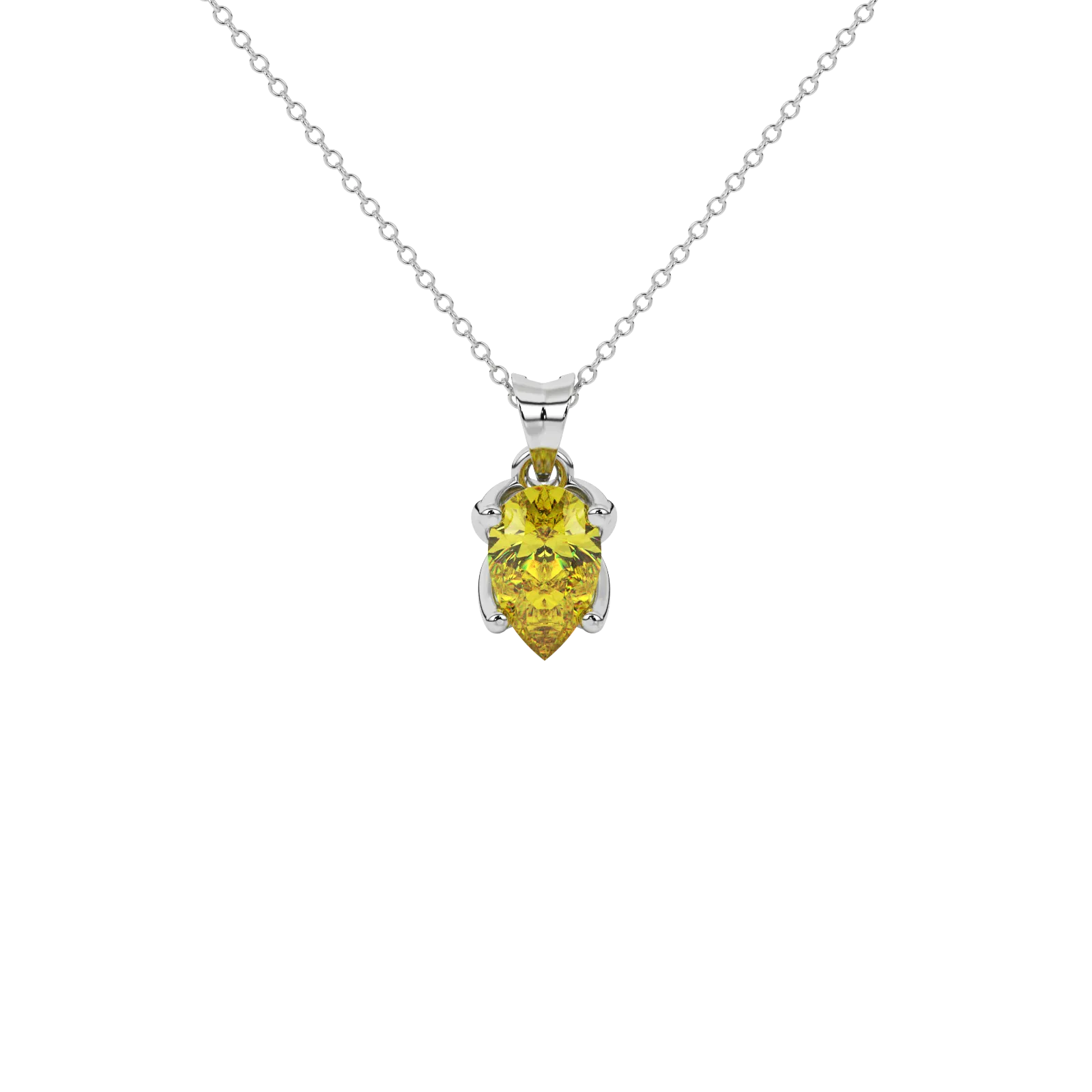 Pear shape canary yellow gemstone pendant, white gold tulip basket setting.