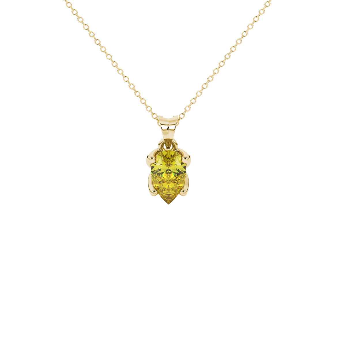 Pear shape canary yellow gemstone pendant, yellow gold tulip basket setting.