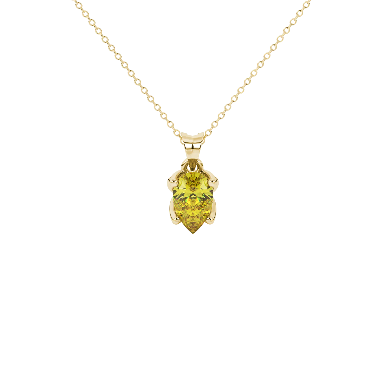 Pear shape canary yellow gemstone pendant, yellow gold tulip basket setting.