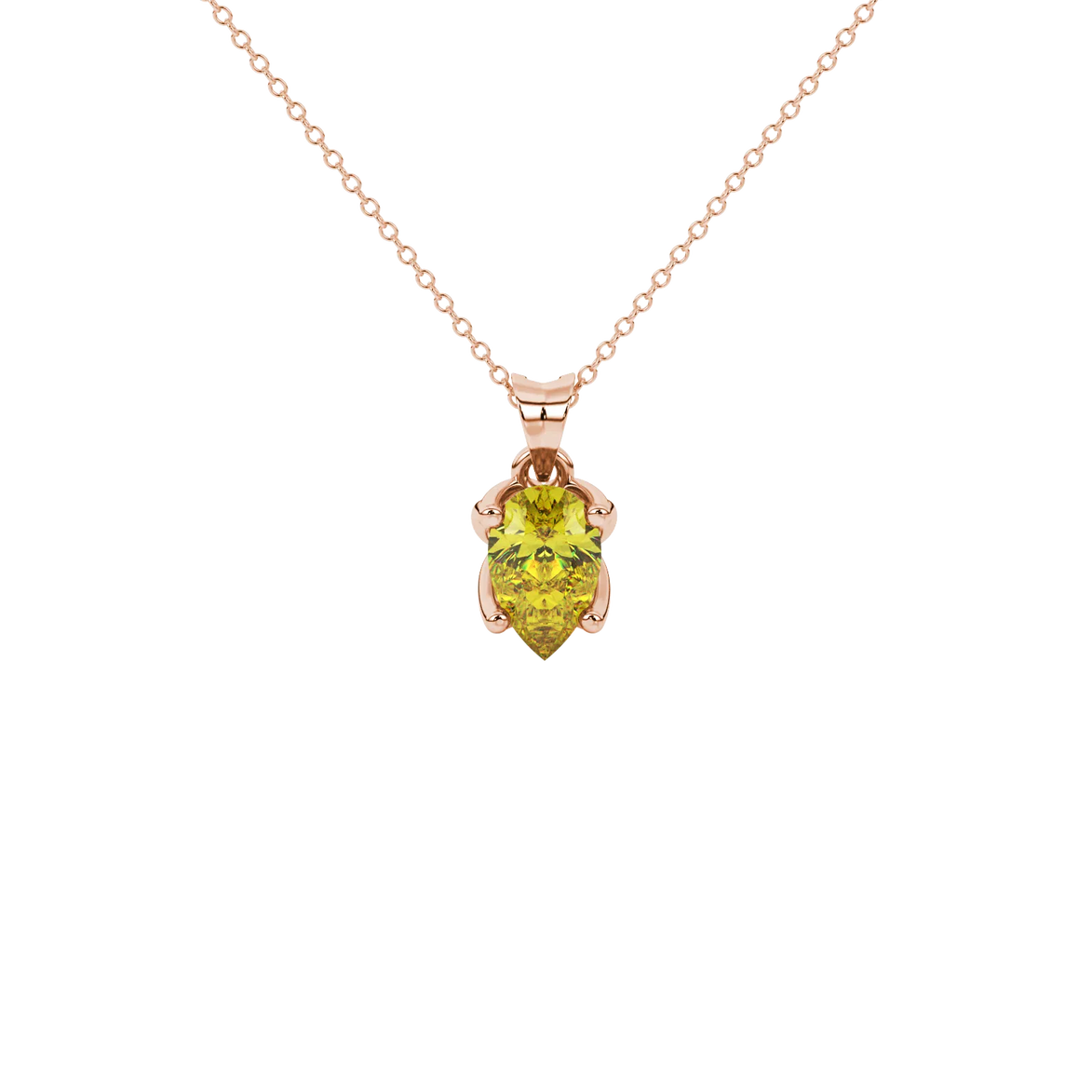 Pear shape canary yellow gemstone pendant, rose gold tulip basket setting.