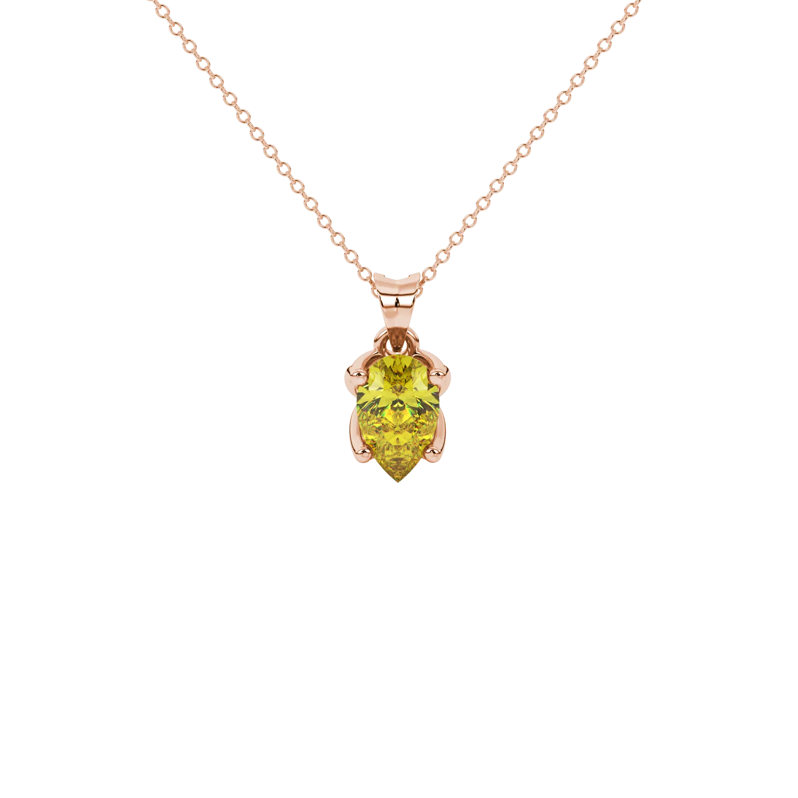 Pear shape canary yellow gemstone pendant, rose gold tulip basket setting.