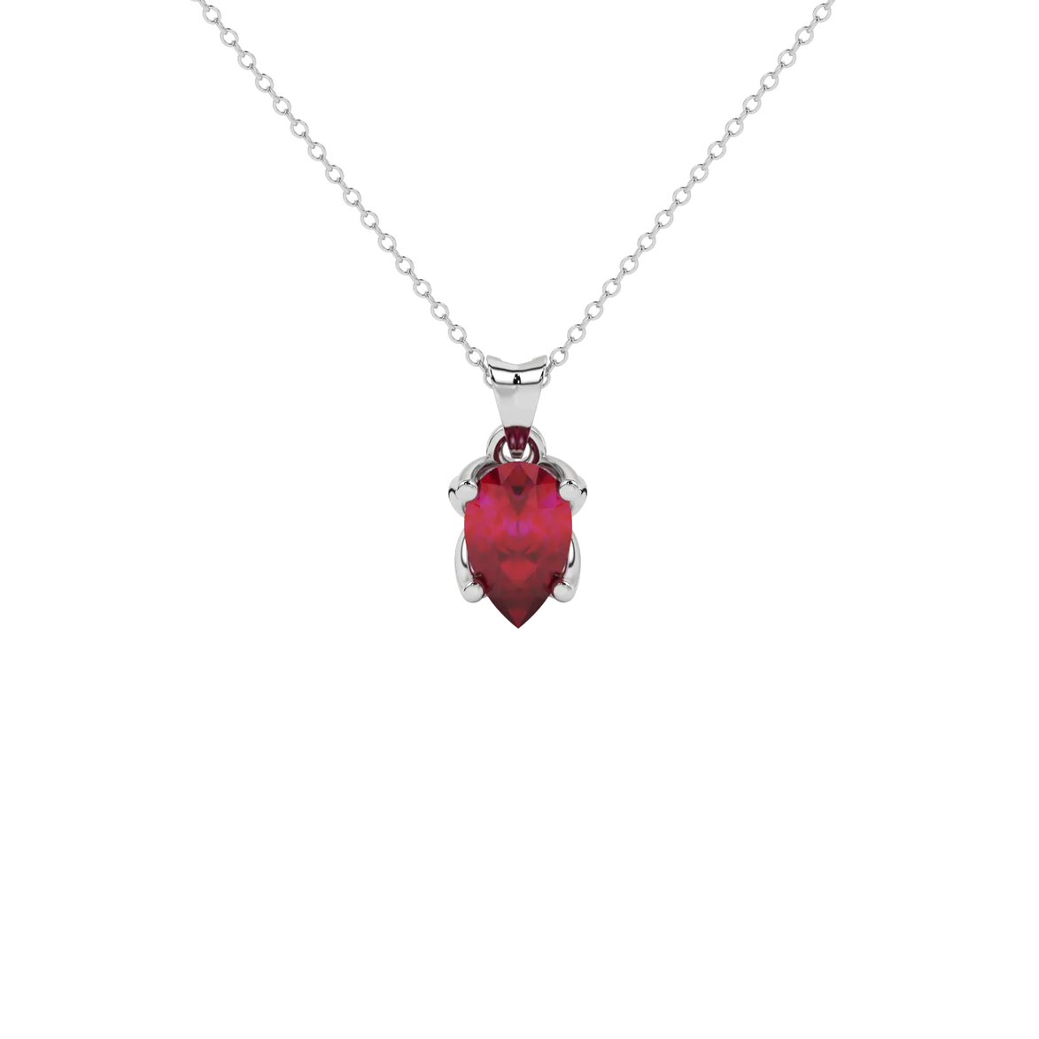 Pear shape raspberry red gemstone pendant, white gold tulip basket setting.