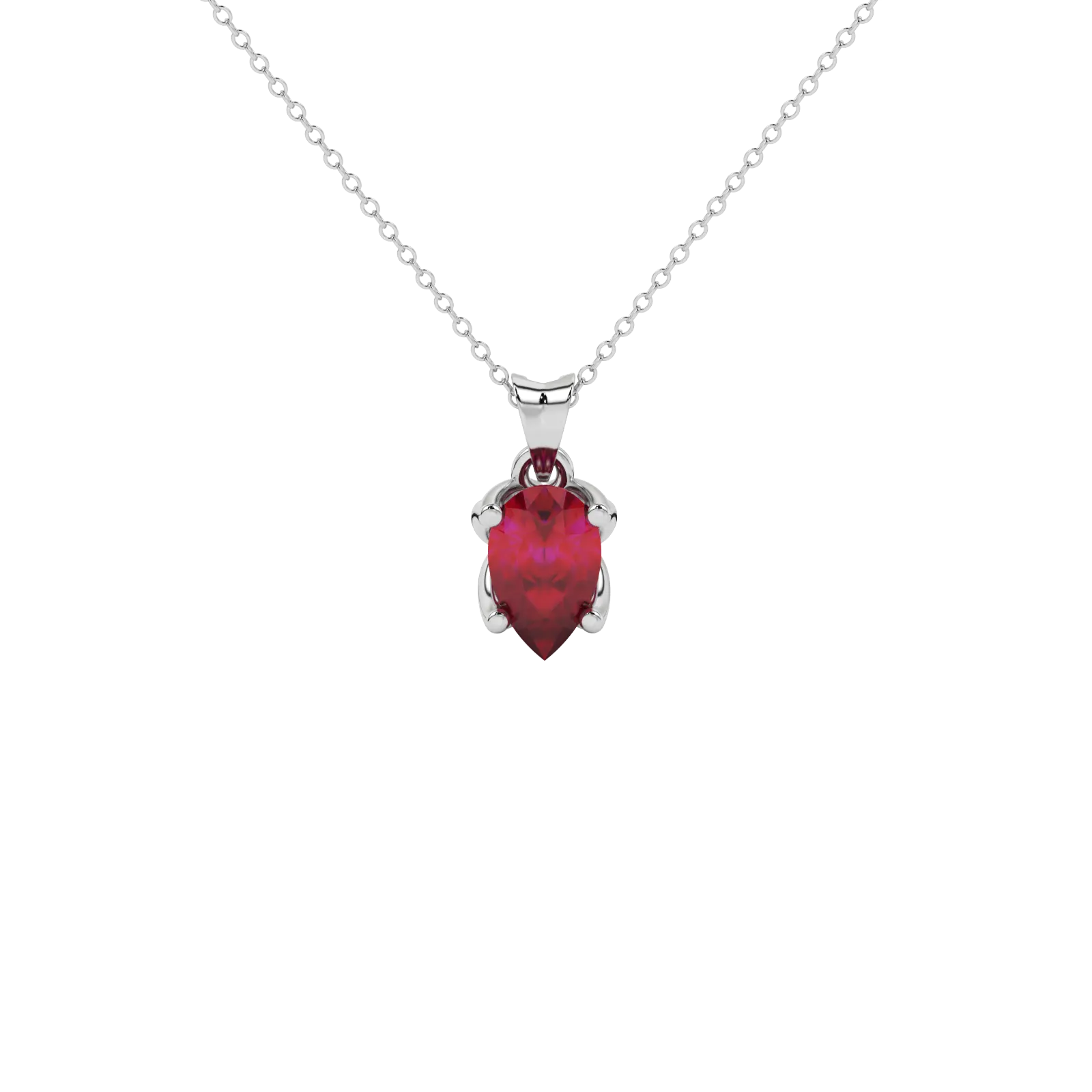 Pear shape raspberry red gemstone pendant, white gold tulip basket setting.