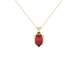 Pear shape raspberry red gemstone pendant, yellow gold tulip basket setting.