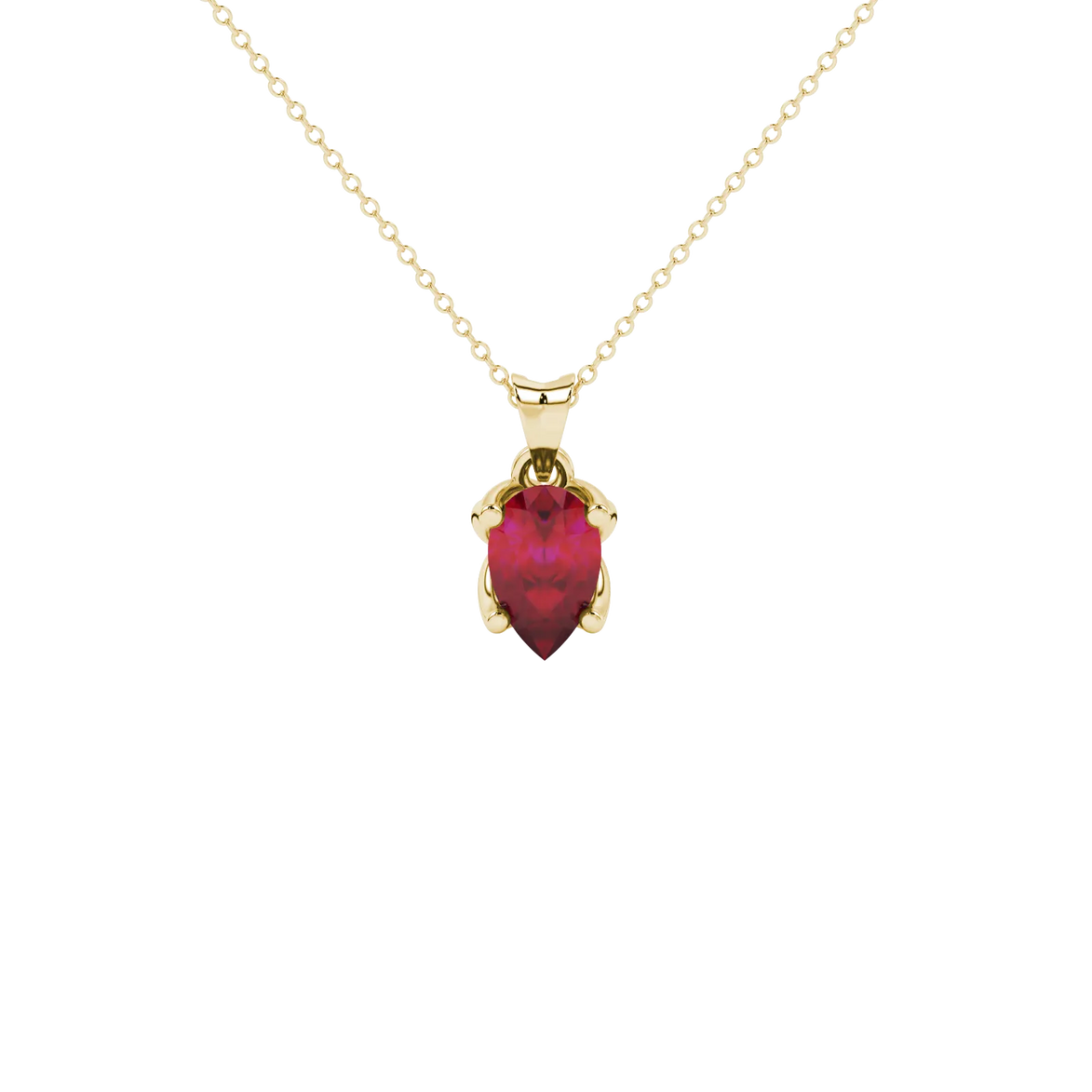 Pear shape raspberry red gemstone pendant, yellow gold tulip basket setting.