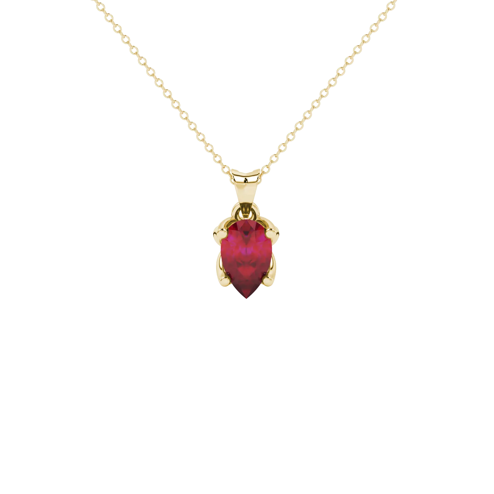 Pear shape raspberry red gemstone pendant, yellow gold tulip basket setting.