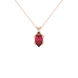 Pear shape raspberry red gemstone pendant, rose gold tulip basket setting.