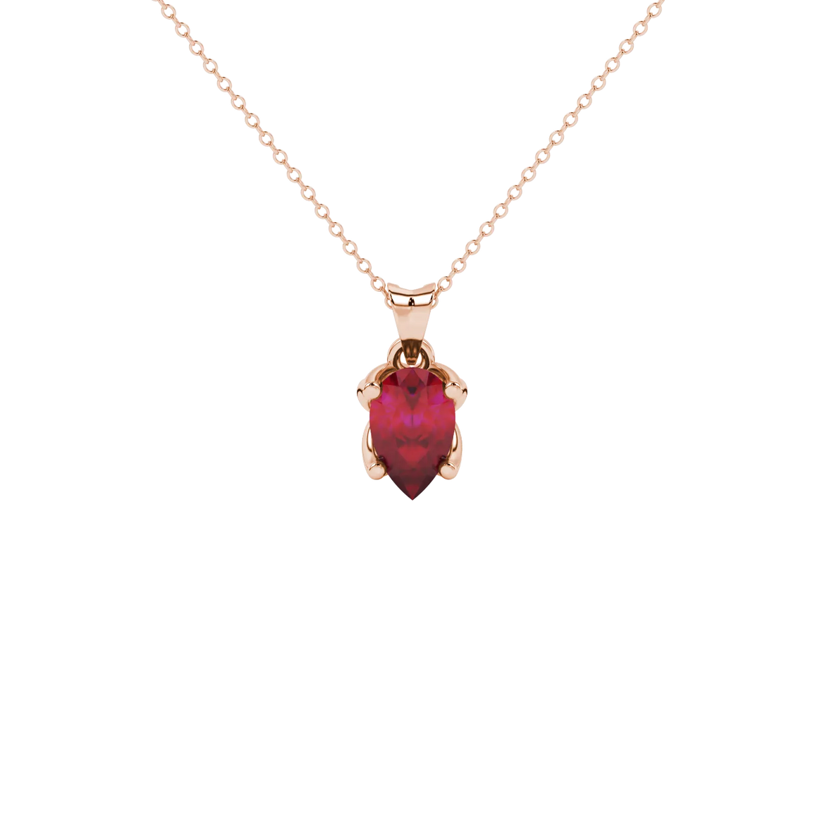 Pear shape raspberry red gemstone pendant, rose gold tulip basket setting.