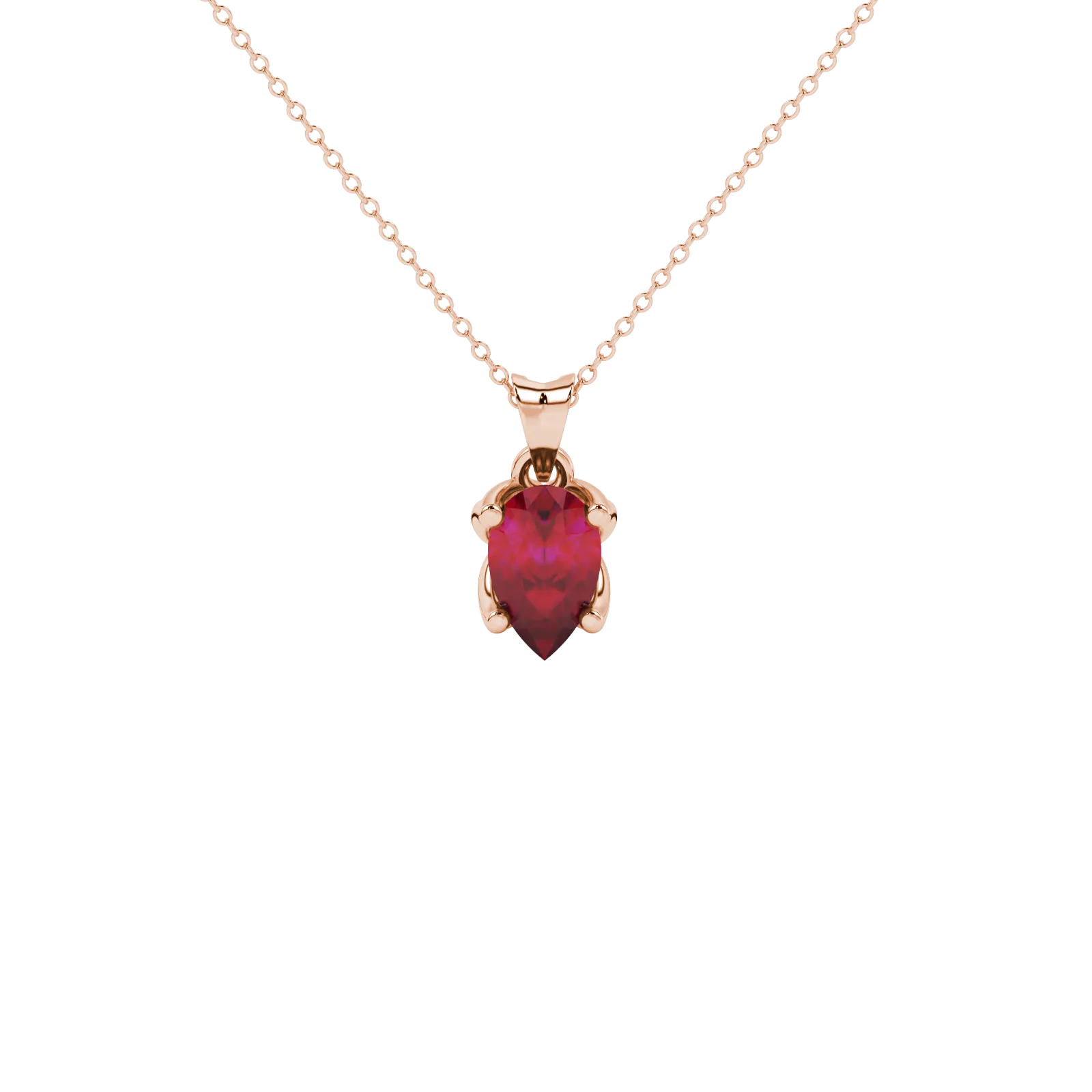 Pear shape raspberry red gemstone pendant, rose gold tulip basket setting.