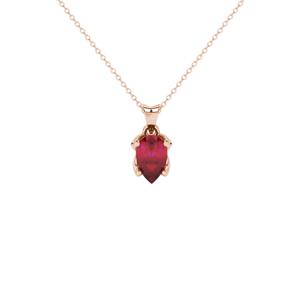 Pear shape raspberry red gemstone pendant, rose gold tulip basket setting.