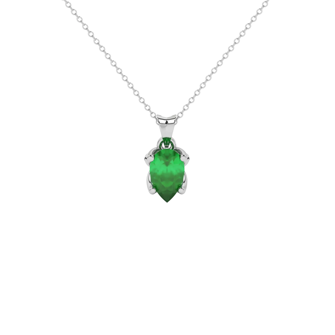 Pear shape emerald green gemstone pendant, white gold tulip basket setting.