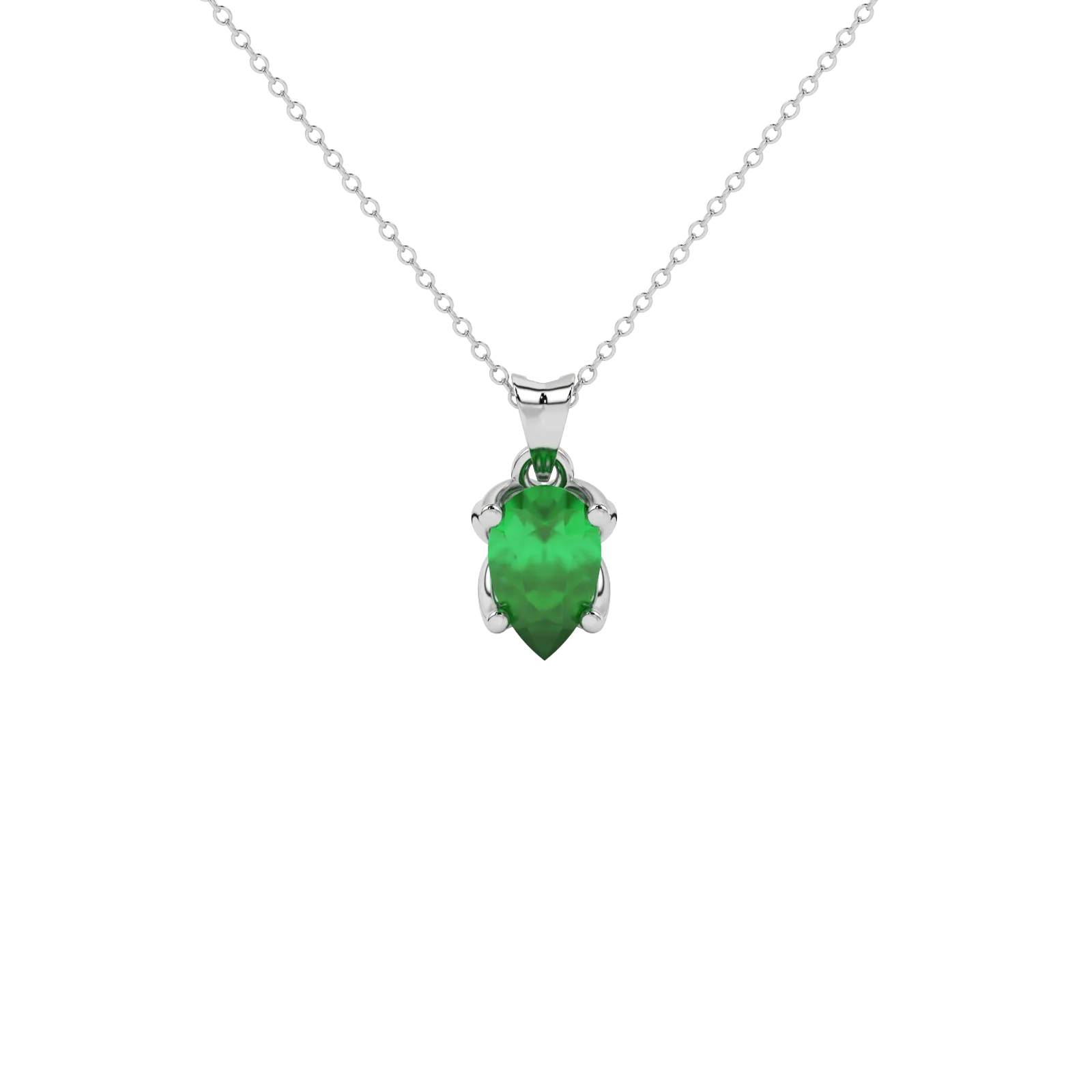 Pear shape emerald green gemstone pendant, white gold tulip basket setting.