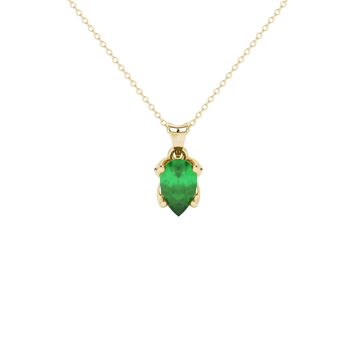 Pear shape emerald green gemstone pendant, yellow gold tulip basket setting.