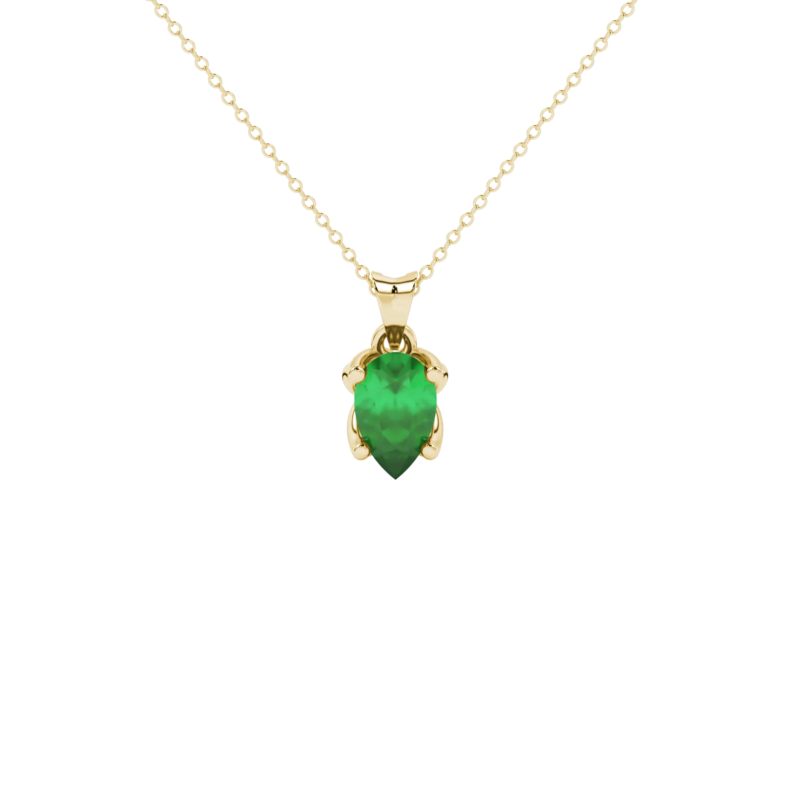 Pear shape emerald green gemstone pendant, yellow gold tulip basket setting.