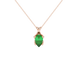 Pear shape emerald green gemstone pendant, rose gold tulip basket setting.