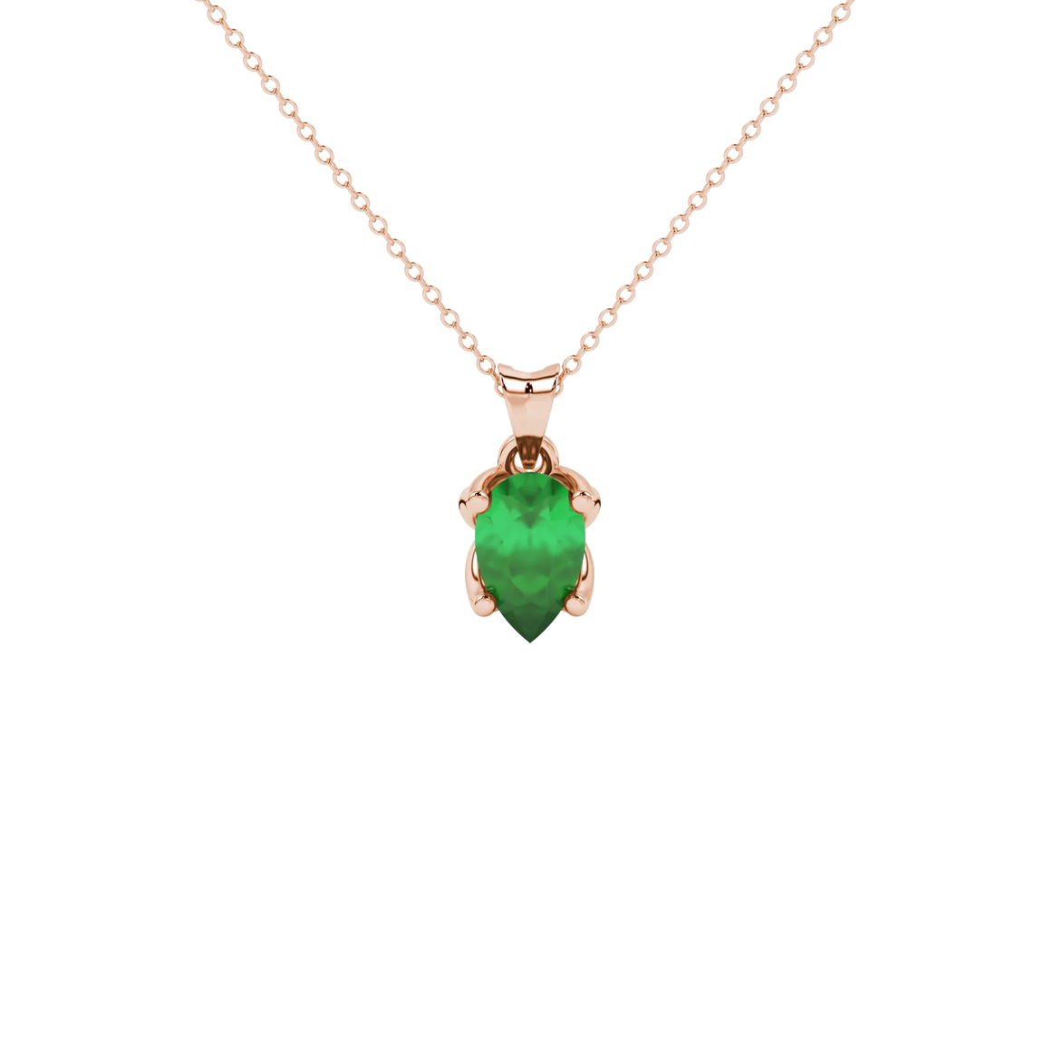 Pear shape emerald green gemstone pendant, rose gold tulip basket setting.
