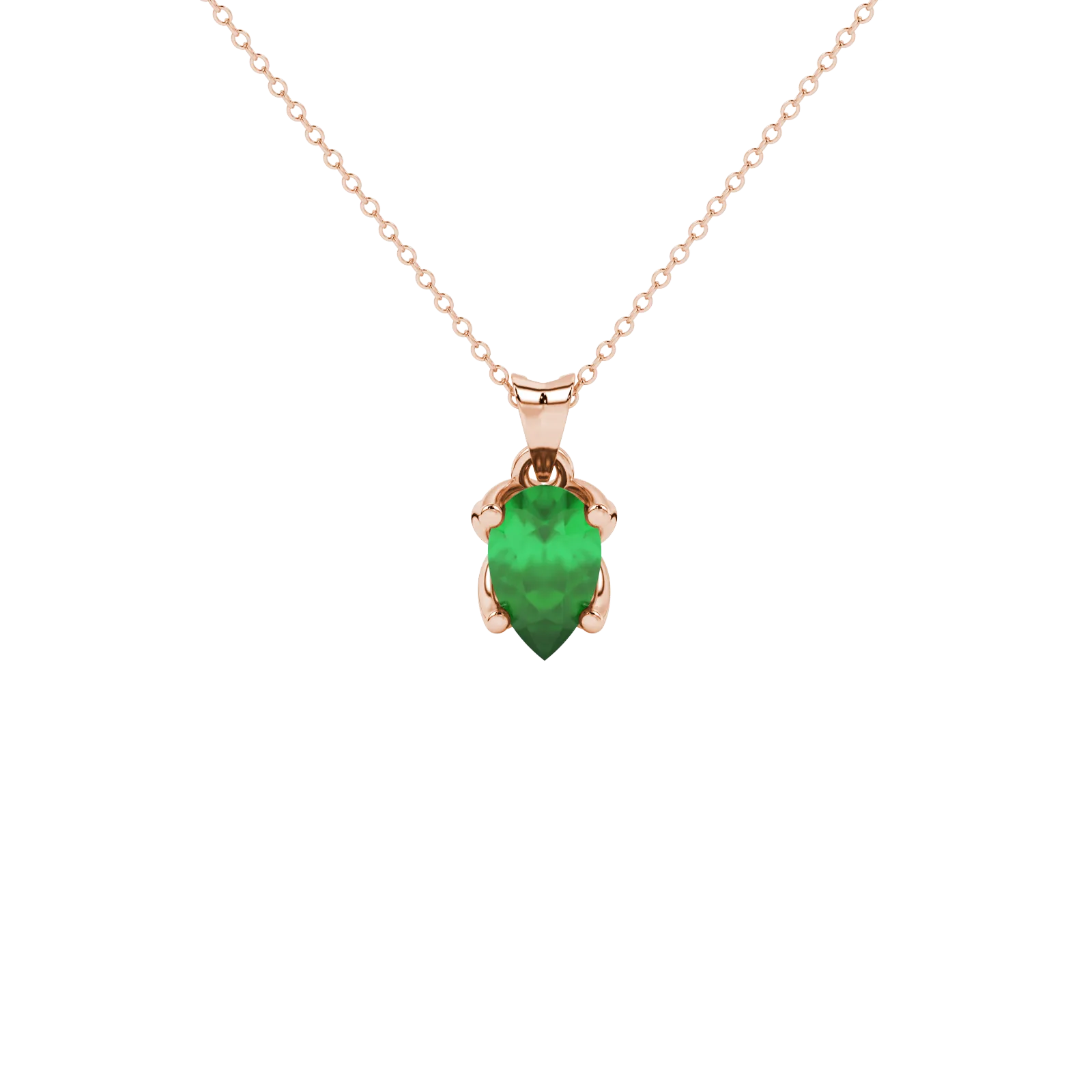 Pear shape emerald green gemstone pendant, rose gold tulip basket setting.