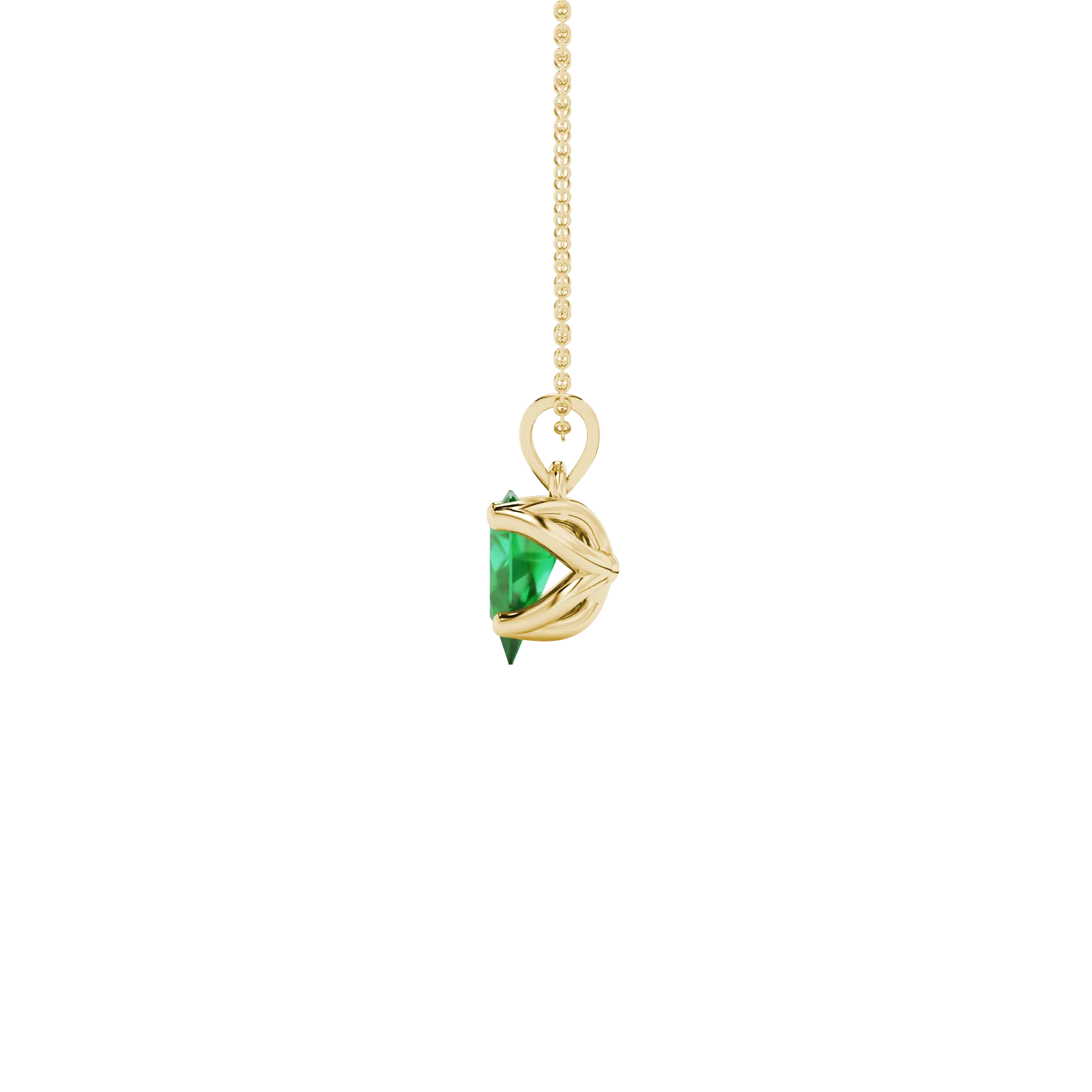 Side profile, yellow gold emerald green pendant, tulip basket gallery.