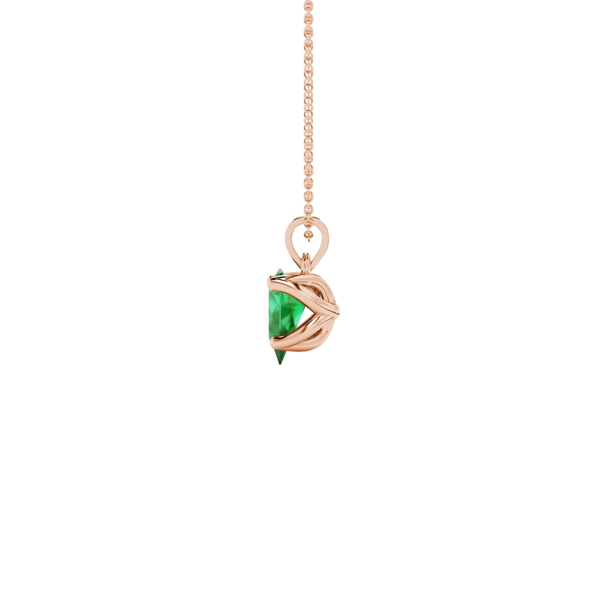 Side profile, rose gold emerald green pendant, tulip basket gallery.