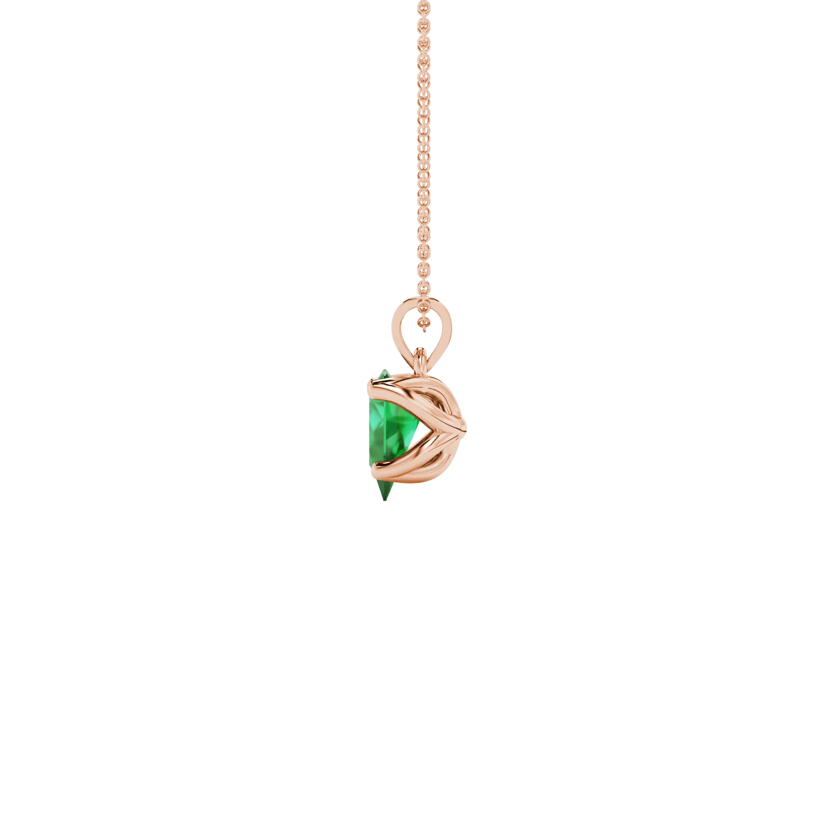 Side profile, rose gold emerald green pendant, tulip basket gallery.