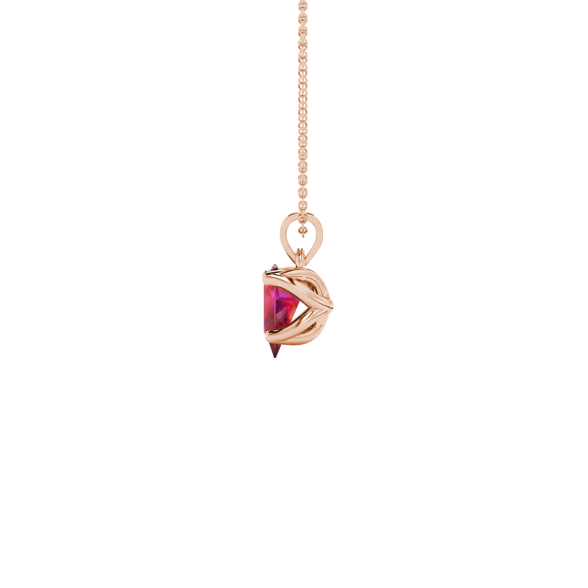 Side profile, rose gold raspberry red pendant, tulip basket gallery.