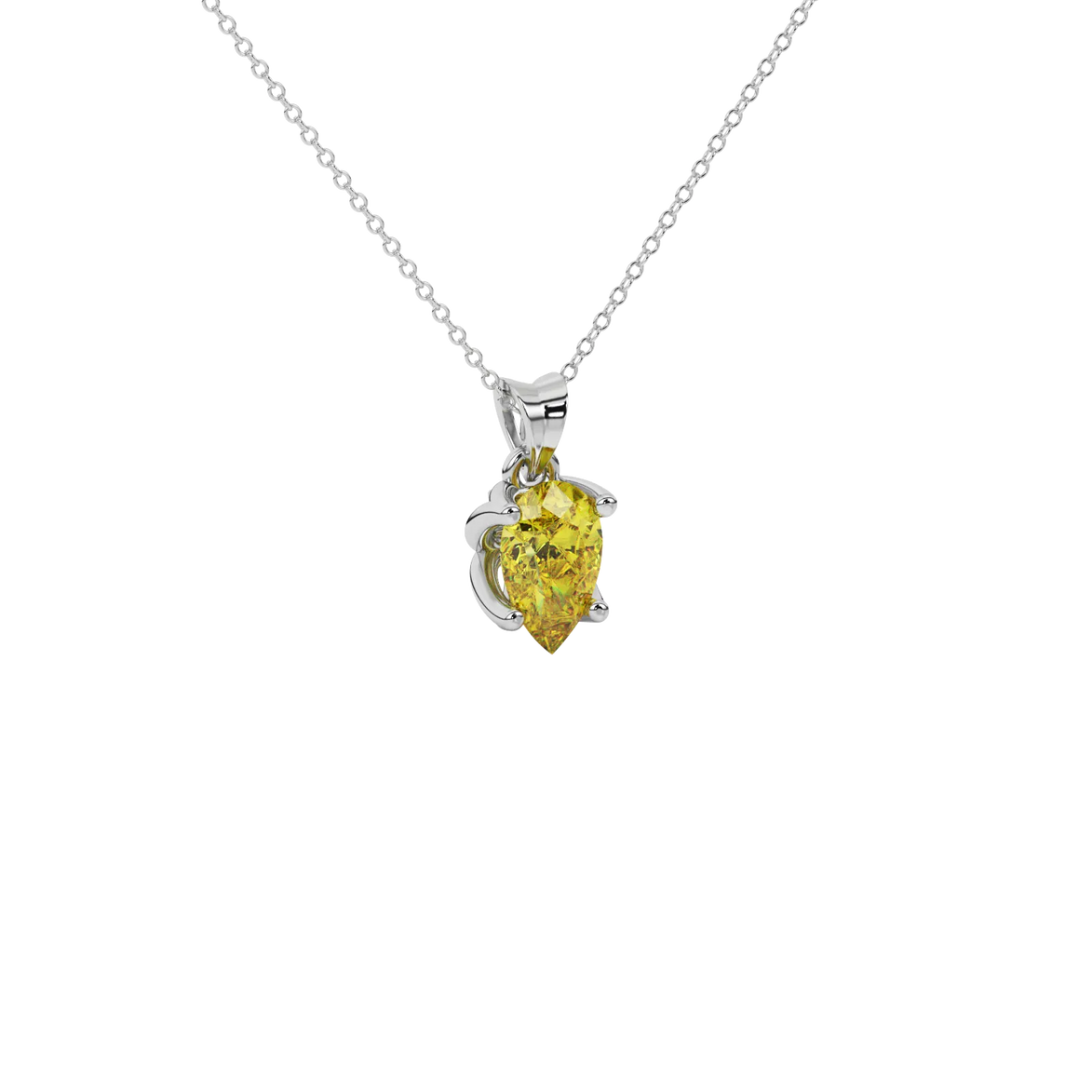 Close-up canary yellow gemstone, white gold tulip basket.