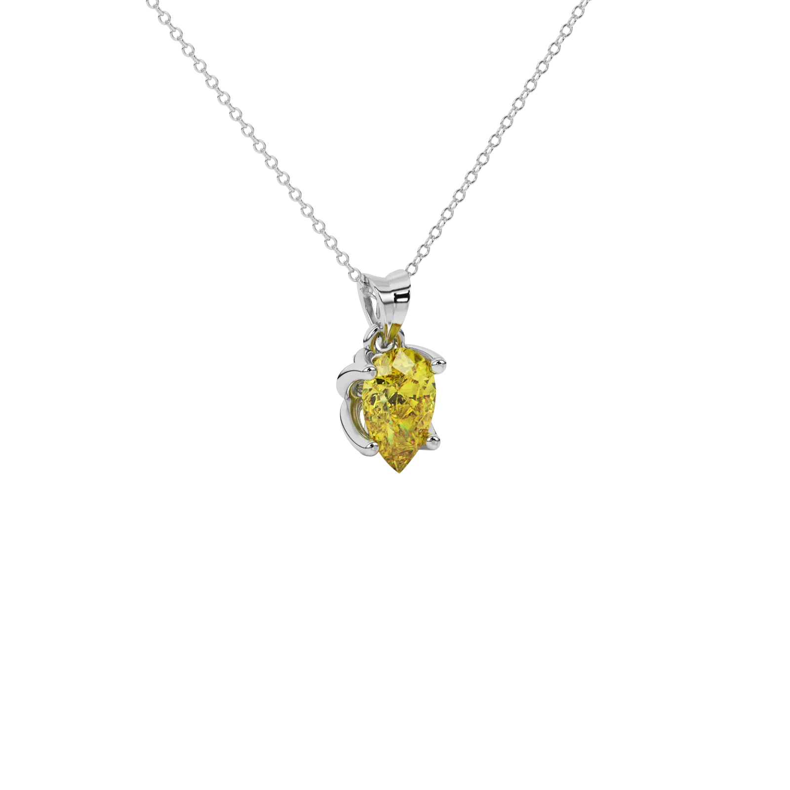 Close-up canary yellow gemstone, white gold tulip basket.