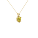 Close-up, pear shape canary yellow gemstone, yellow gold tulip basket pendant.