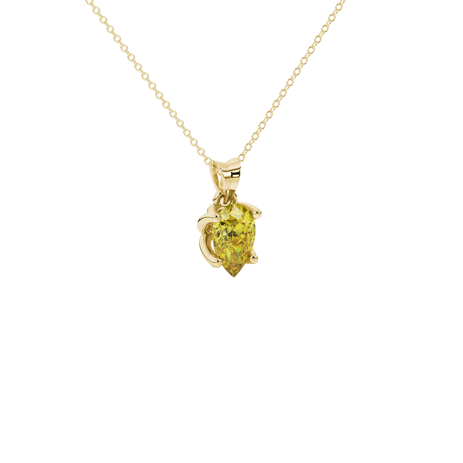 Close-up, pear shape canary yellow gemstone, yellow gold tulip basket pendant.
