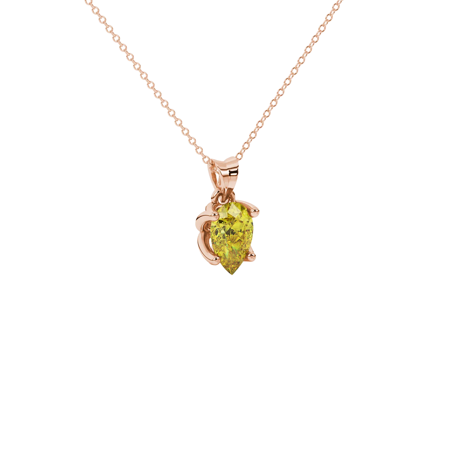 Close-up, pear shape canary yellow gemstone pendant, rose gold tulip basket.