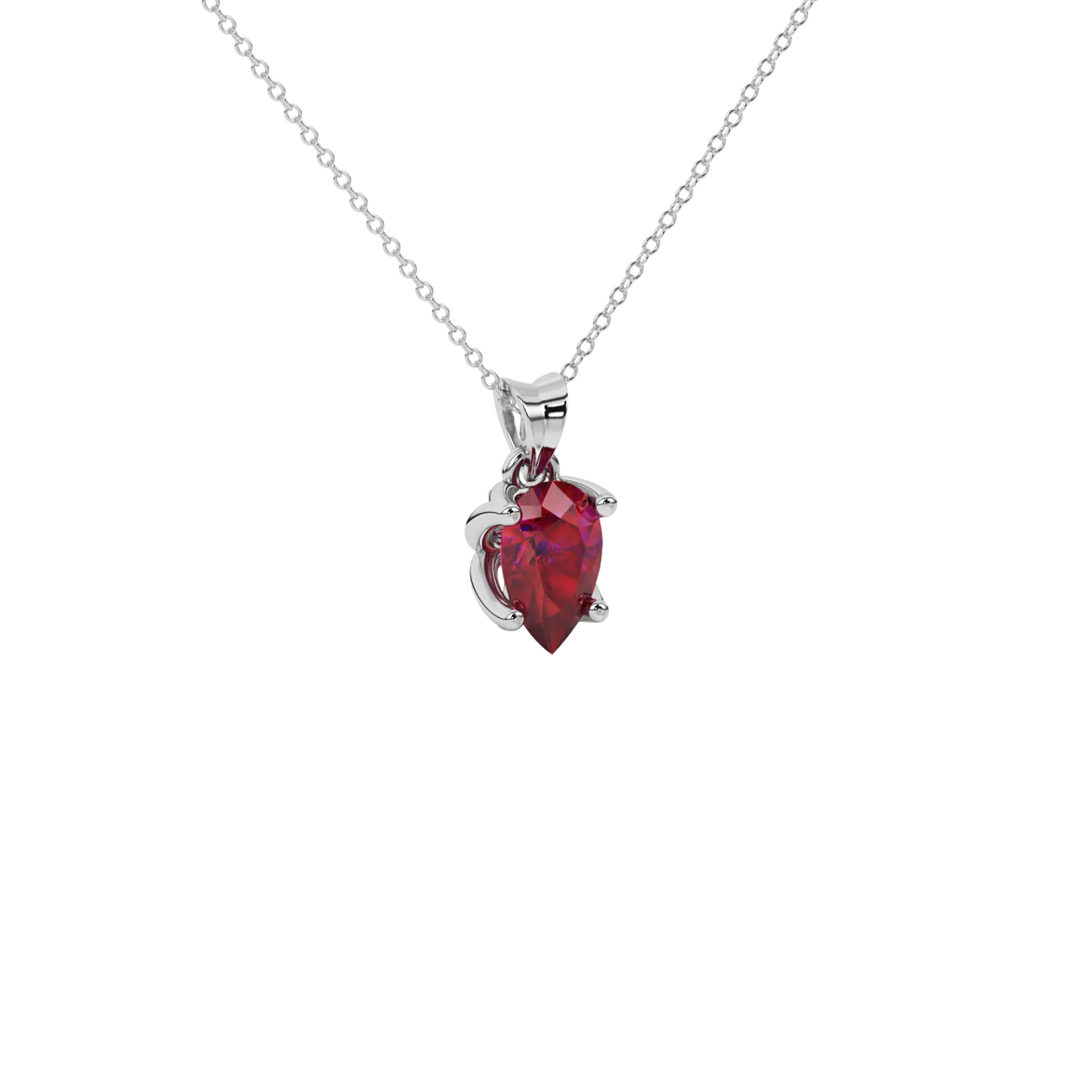 Close-up raspberry red gemstone, white gold tulip basket.