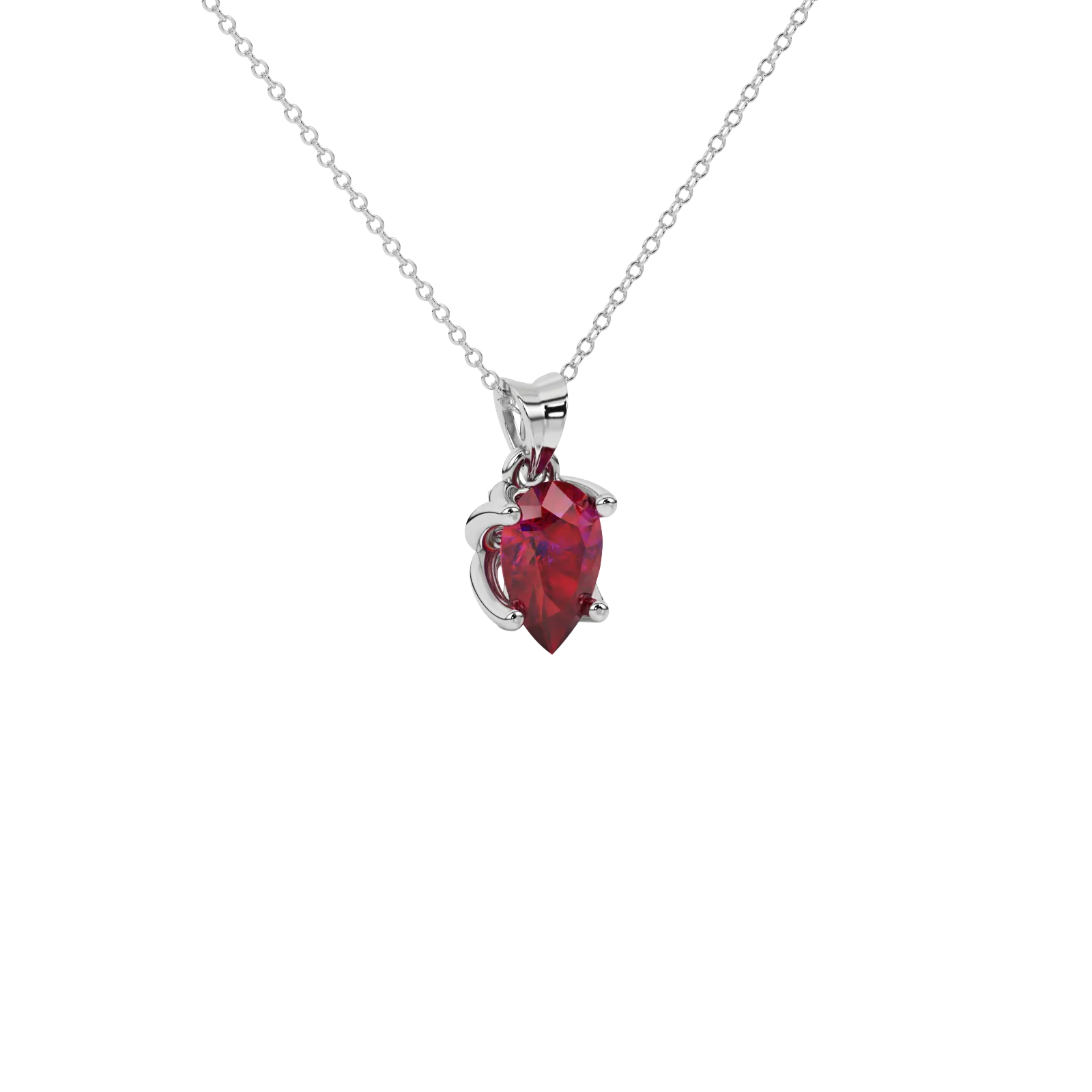 Close-up raspberry red gemstone, white gold tulip basket.