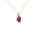 Close-up, pear shape raspberry red gemstone pendant, rose gold tulip basket.