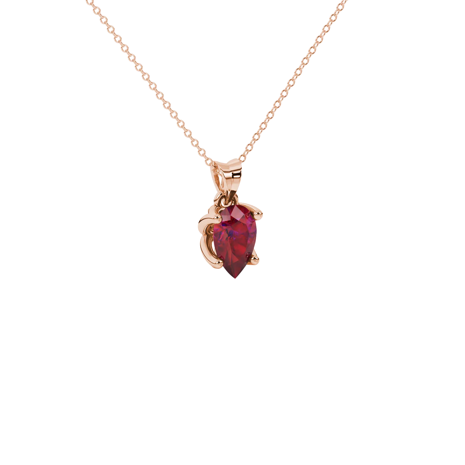 Close-up, pear shape raspberry red gemstone pendant, rose gold tulip basket.
