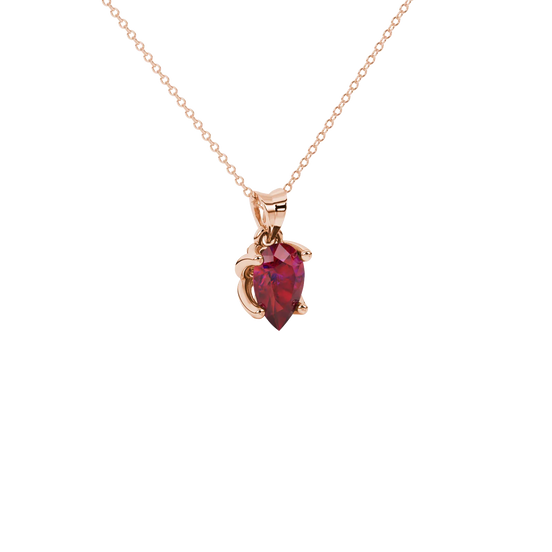 Close-up, pear shape raspberry red gemstone pendant, rose gold tulip basket.