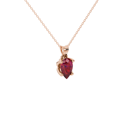 Close-up, pear shape raspberry red gemstone pendant, rose gold tulip basket.