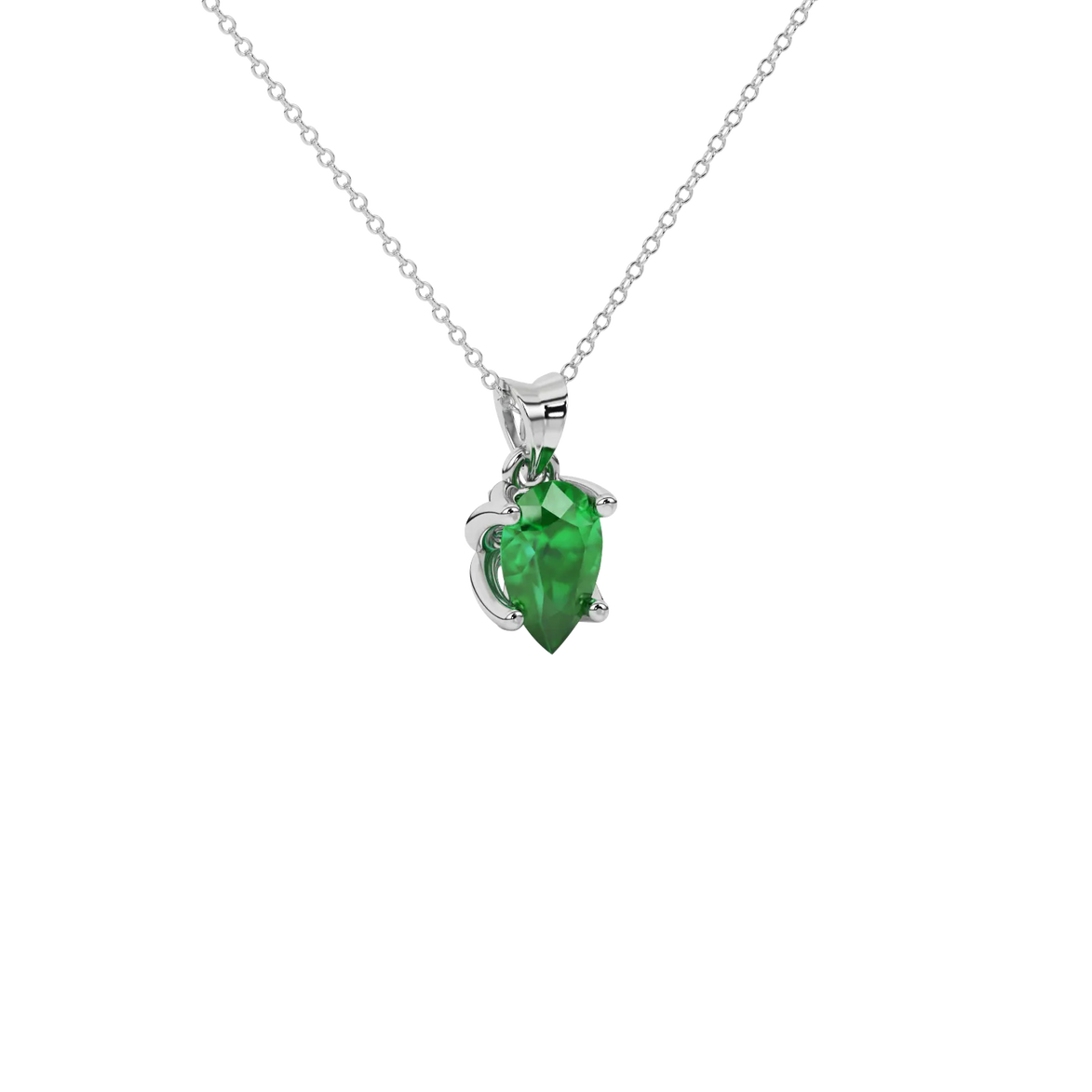 Close-up emerald green gemstone, white gold tulip basket.
