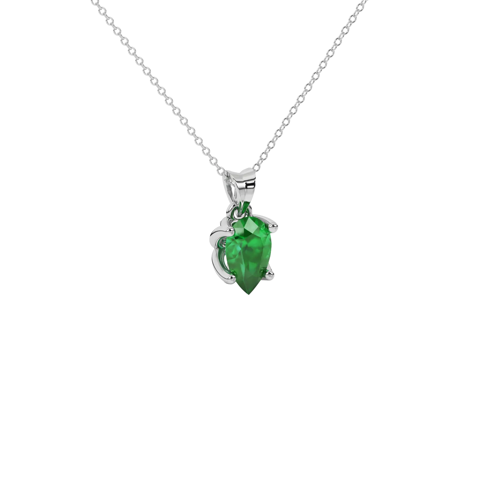 Close-up emerald green gemstone, white gold tulip basket.