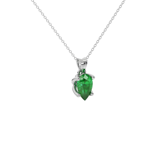 Close-up emerald green gemstone, white gold tulip basket.