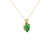 Close-up, pear shape emerald green gemstone, yellow gold tulip basket pendant.