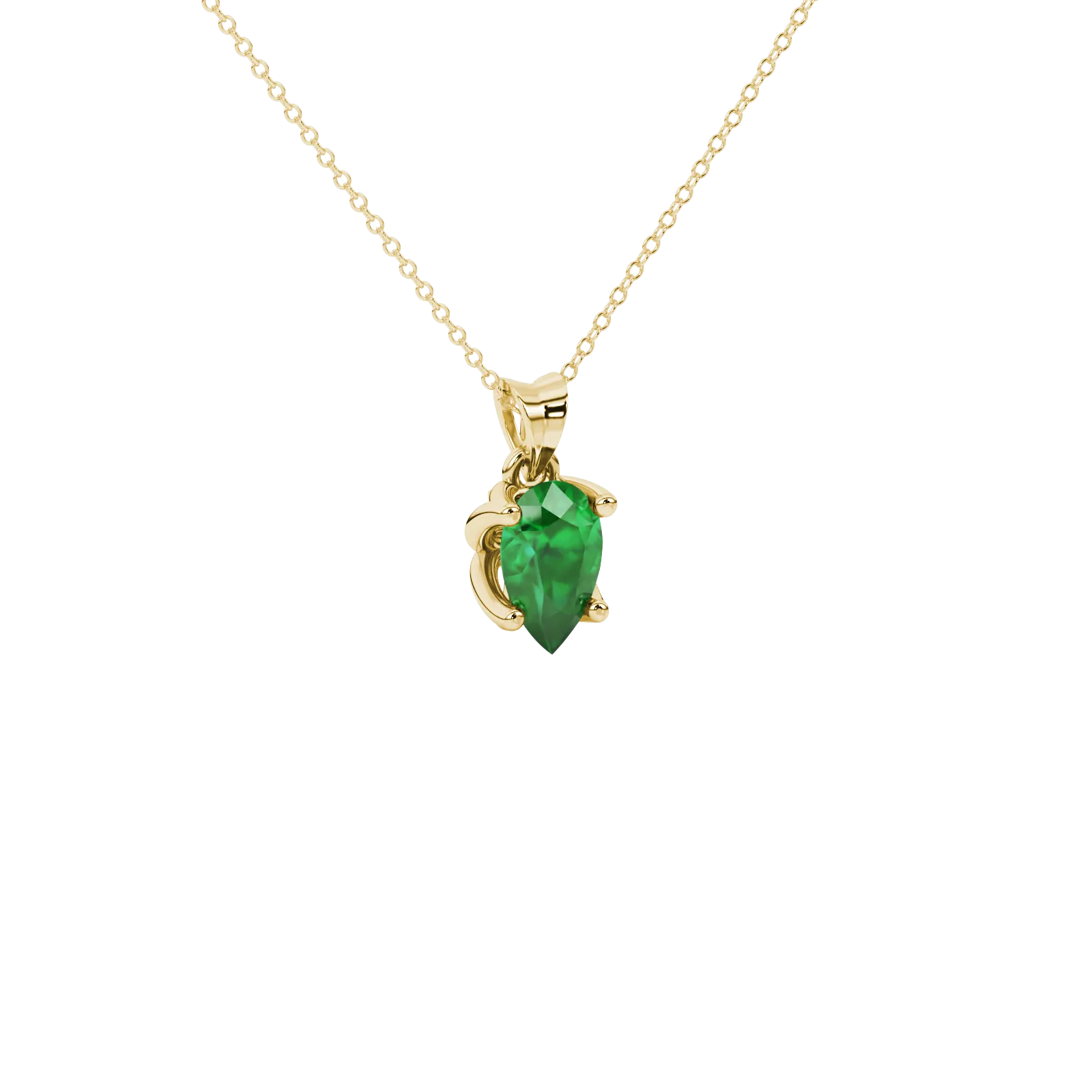 Close-up, pear shape emerald green gemstone, yellow gold tulip basket pendant.