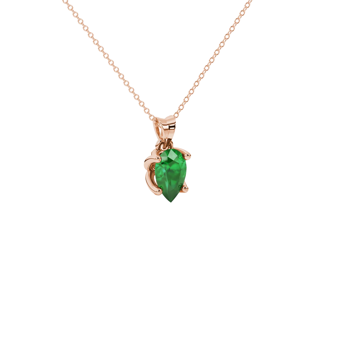 Close-up, pear shape emerald green gemstone pendant, rose gold tulip basket.